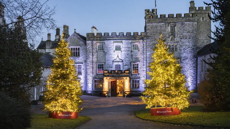 Two large Christmas trees with yellow lights at the entrance to the courtyard at Sizergh, and the grey stone manor house with its large oak  door standing open.
